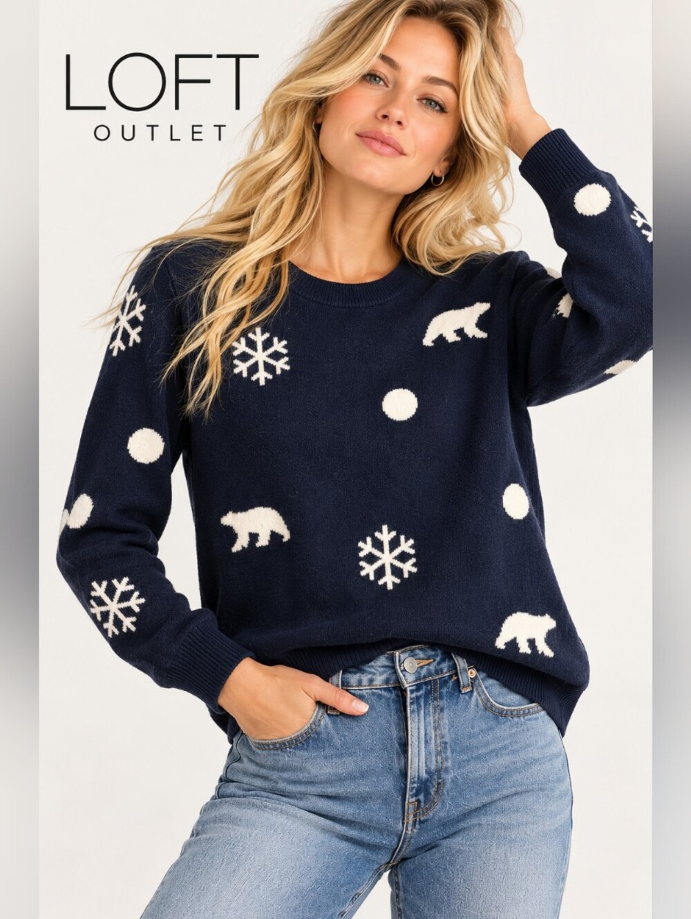 LOFT Petite Navy Polar Bear Snowflake Winter Sweater MP
